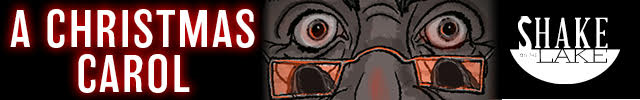 Focus on two eyes with glasses on the bridge of his nose. The reflection in the glasses appear Ghost of Christmas Future with the Text A Christmas Carol on the left of the eyes.
