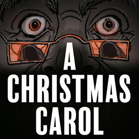 Focus on two eyes with glasses on the bridge of his nose. The reflection in the glasses appear Ghost of Christmas Future with A Christmas Carol in text below