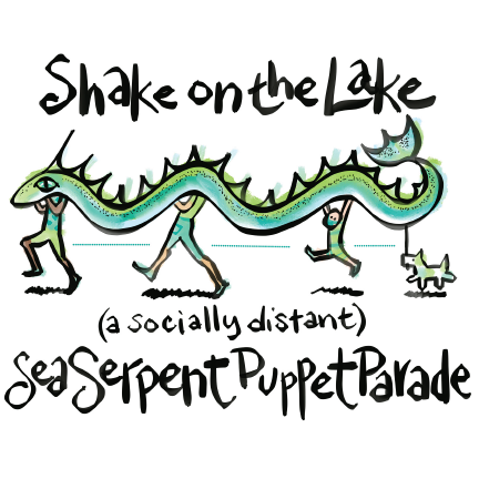 Serpent Pageant Puppet with people puppeteering it with a dog at the end holding up the tail.