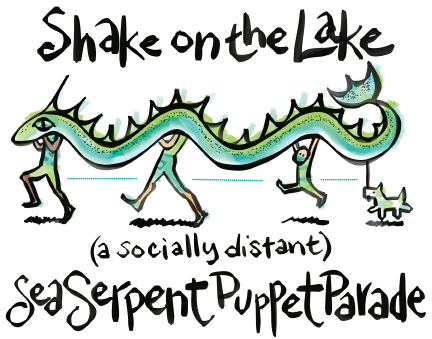 Serpent Pageant Puppet with people puppeteering it with a dog at the end holding up the tail.