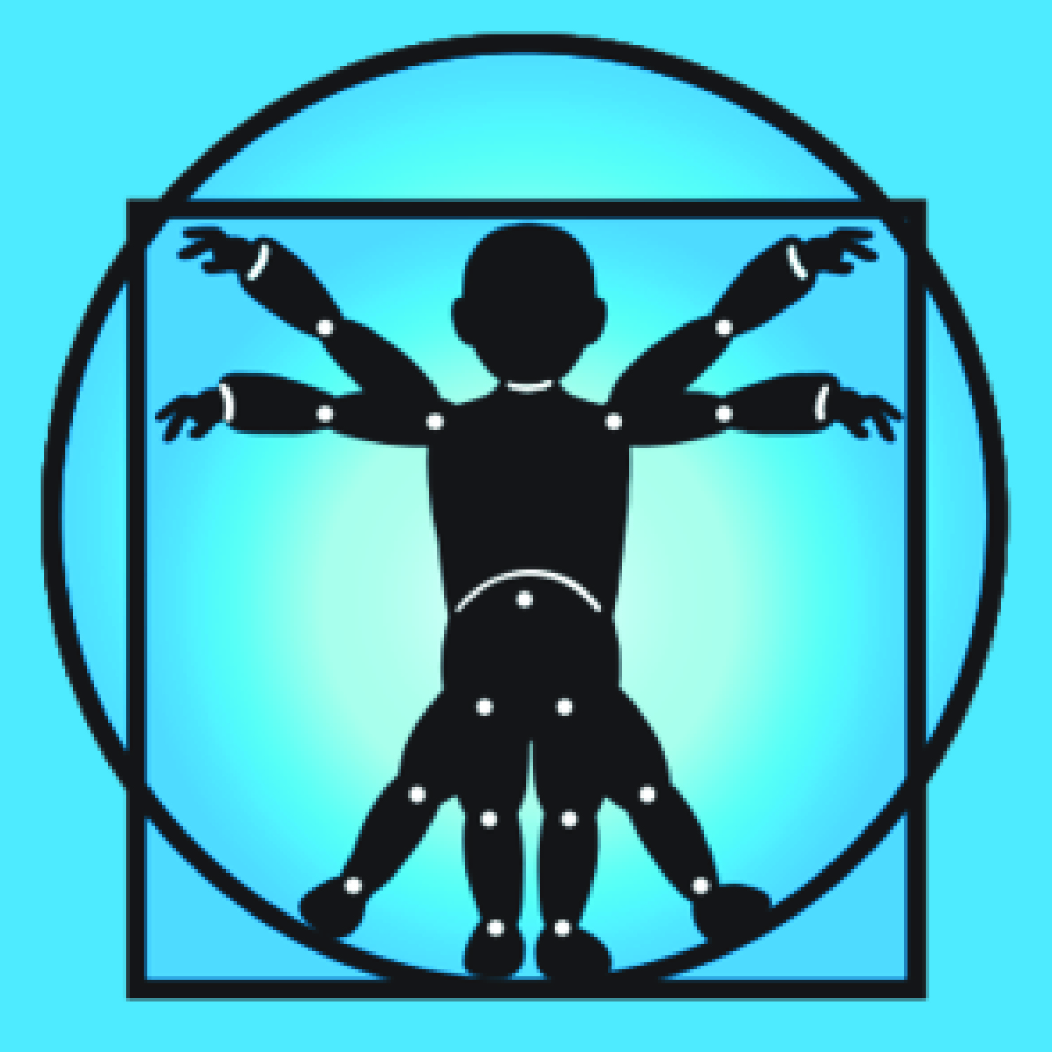 Man in circle and square who appears to be an articulated puppet