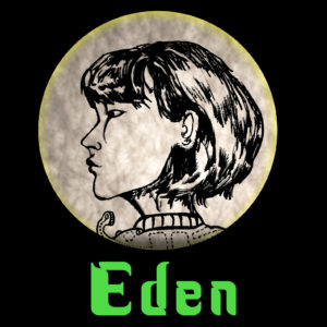 Illustrated young woman looking to the left framed in a circle with the name Eden underneath her