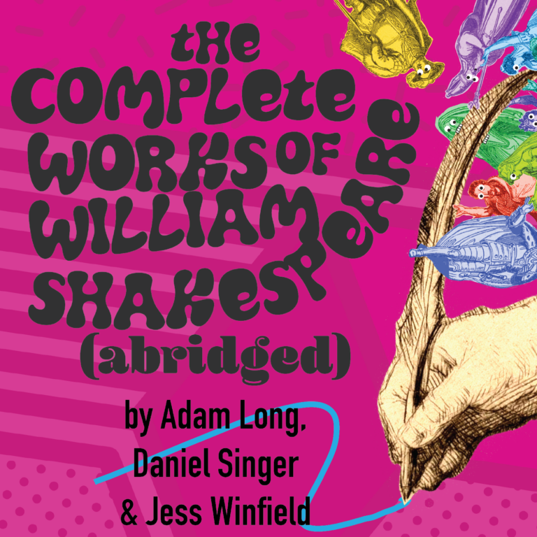 Image with a hand writing with a quill. At the top of the quill are a few people dressed in Elizabethan costume with googly eyes. The title is on the left: The Complete Works of William Shakespeare (abridged) by Adam Long, Daniel Singer, and Jess Winfield