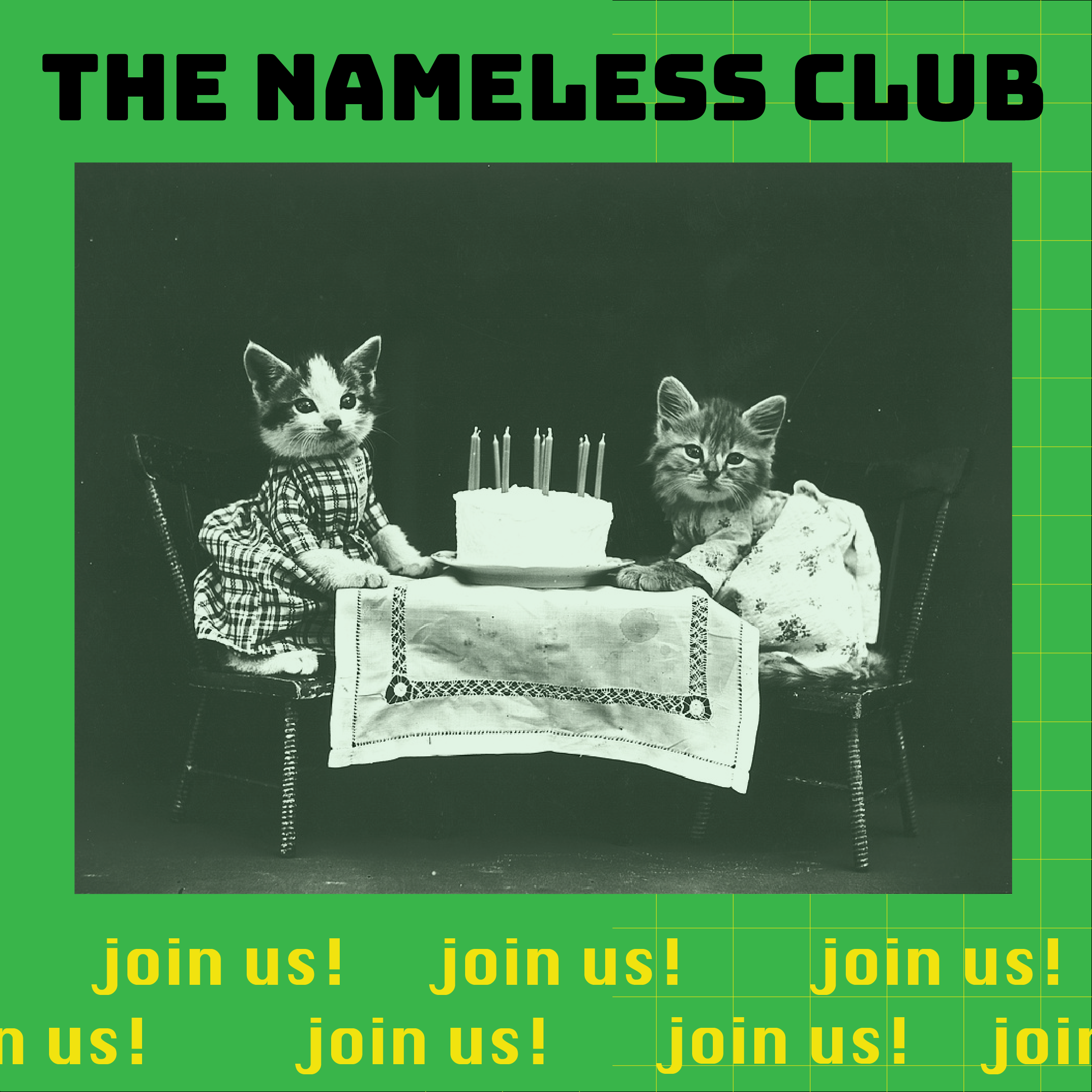 cats sitting at a table with a birthday cake with the title The Nameless Club and join us underneath