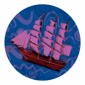 Ship in a blue circle with waves behind it